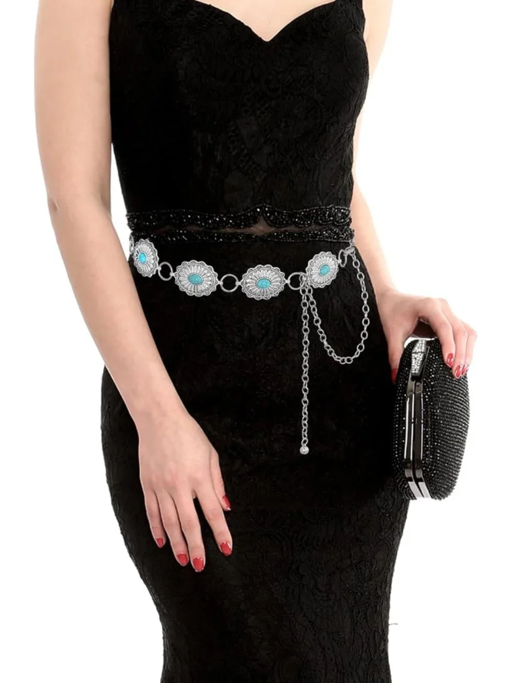 Turquoise Western Concho Chain Belt for Women Cowgirl Cowboy Metal Waist Link Ch - Picture 5 of 6